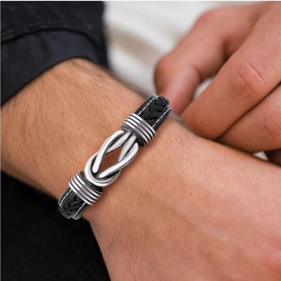 🔸️NIB Black "To My Man" Braided Leather Infinity Knot Cuff Bracelet 7.8" - Picture 3 of 11